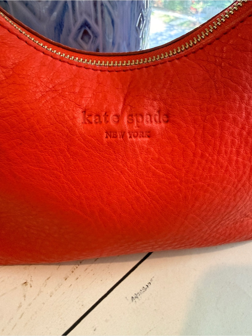 Kate Spade | Red Pebbled Leather Mini Hobo Bag with Black/Brown Patent Trim - Picture 2 of 14